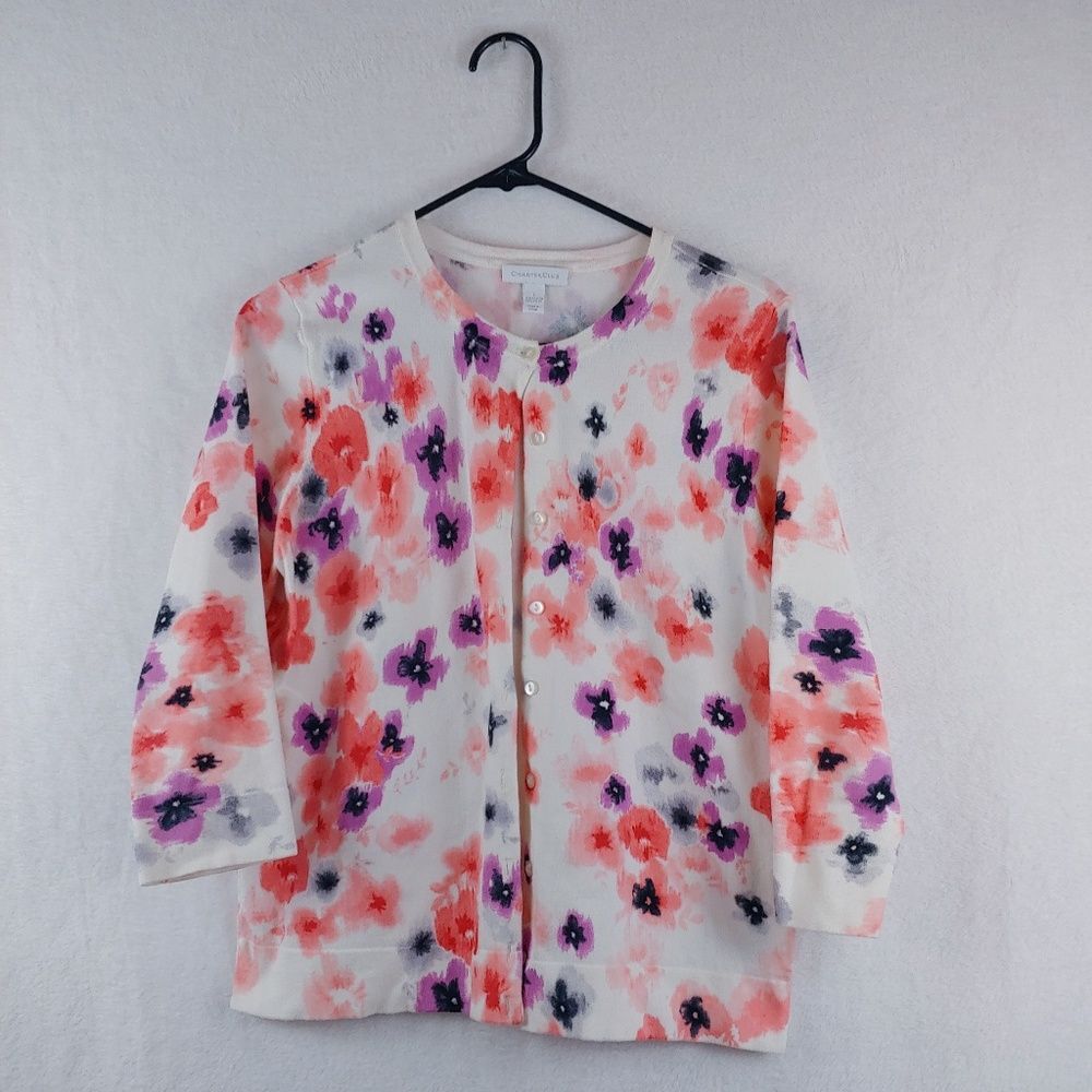 Charter Club Floral Knit Button Down 3/4 Sleeve Cardigan